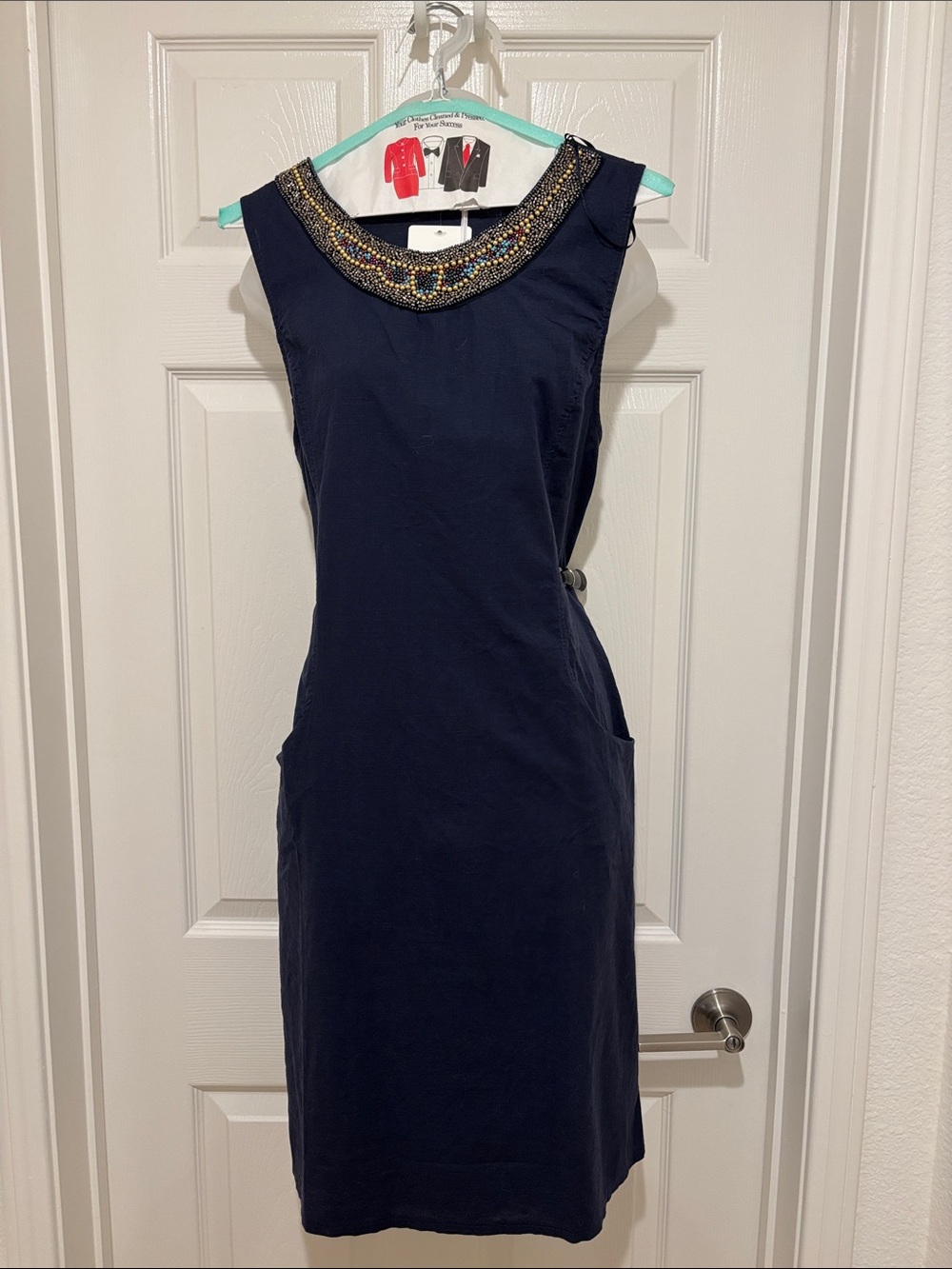 Beaded Collar Navy Midi Dress